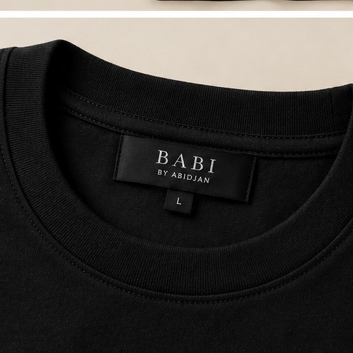 T-shirt noir, gros plan étiquette